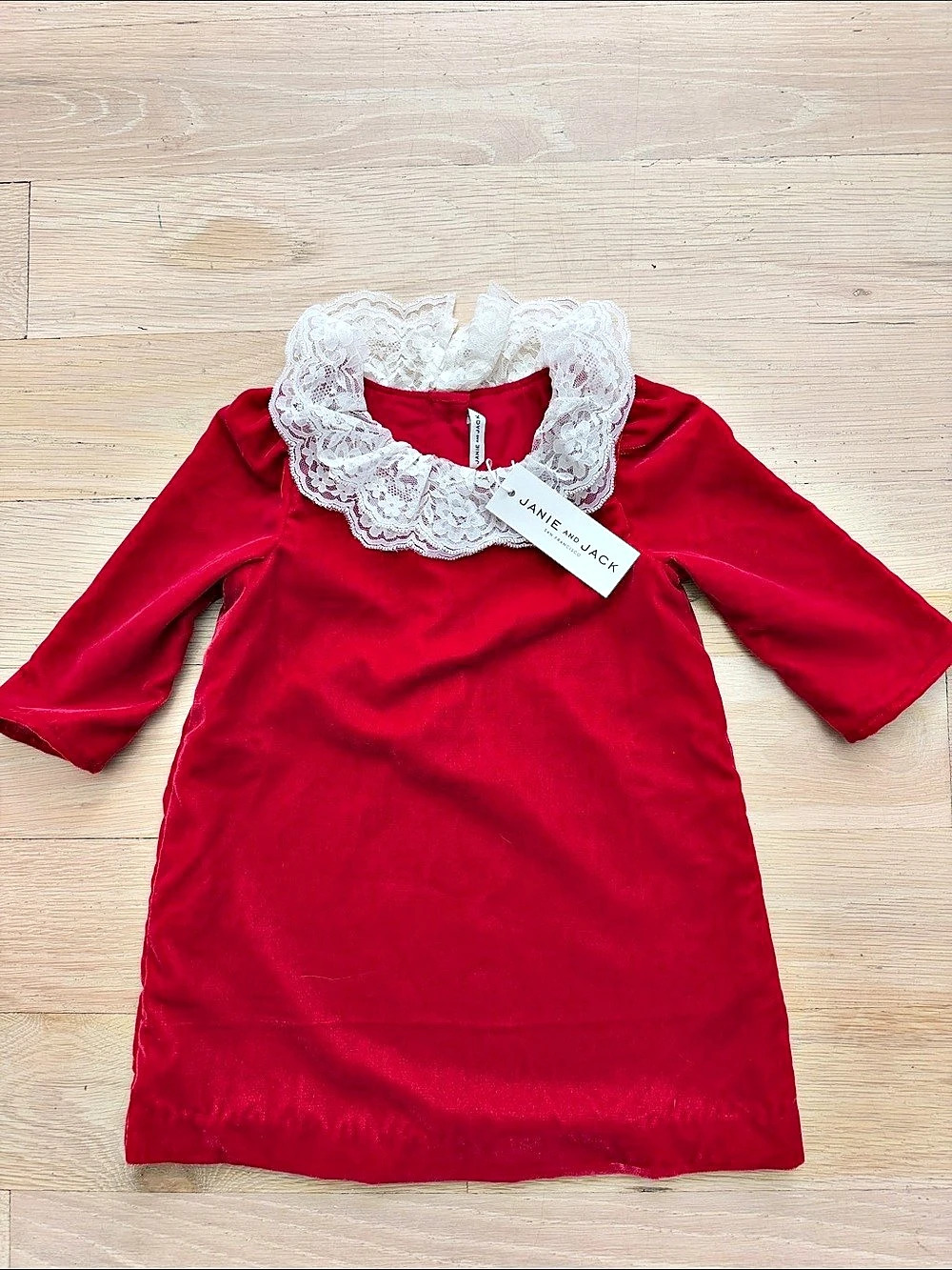Janie and Jack Velvet Lace Collar Dress Girls Red & White Size 2T